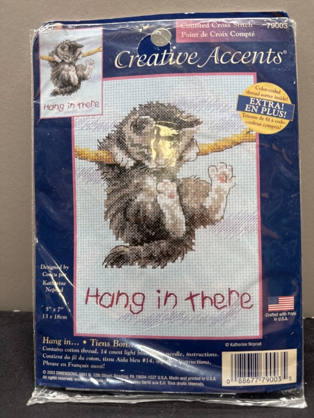 Creative Accents Hang In There Counted Cross Stitch Kit 5" x 7" 14 Count Aida Fa